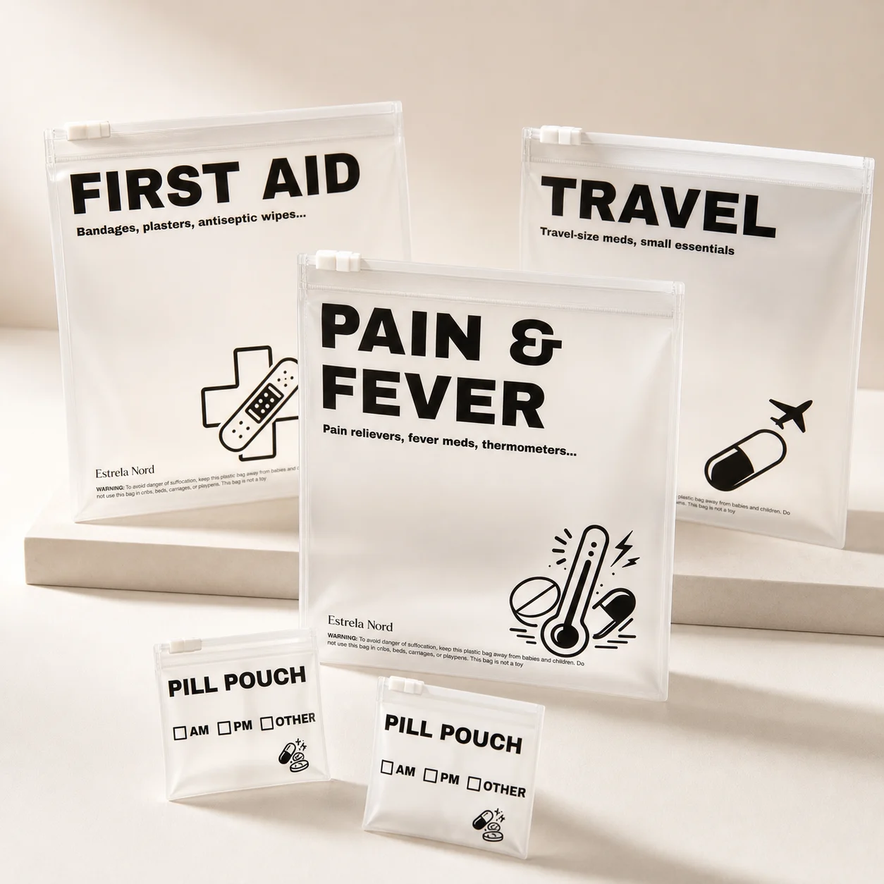 Estrela Nord clear, labelled First Aid, Travel and Pain & Fever organisation pouches
